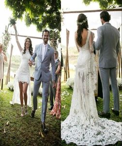 2022 Land Short Front Long Back Wedding Dresses Klänning med illusionärmar Lace V Backless Summer Beach Boho Bridal Gowns6609851