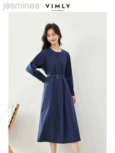 Grundläggande avslappnade klänningar Vimly Japan Style Cotton 100% O-Neck Shirt Dress Spring Belt Lanter Sleeve Pullover Midi Dresses Clothing 240319