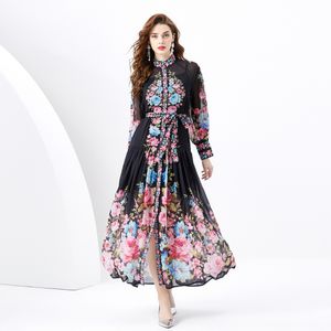 Mulheres Chiffon Floral Maxi Camisas Vestido Gola Longa Flor Impressão Botão Cardigan Vestidos Designer Senhoras Vintage Lanterna Manga Casual Beach Party Robes