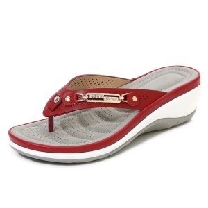 Tofflor 2023 Kvinnor Flip Flops Metal Button Slides tofflor Beach Sandals Nonslip Casual Wedge Shoes Female Summer Sandaler Sandaler