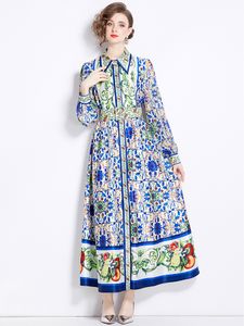 Niche Design Women's Vintage Printed Maxi Dress With Belt Elegant Cardigan Single Breasted Dress Hem Lining Long Sleeve Vestido