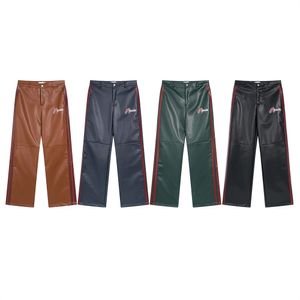 Calças de couro PU com letras vintage bordadas com zíper Calças masculinas moda casal listrada casual calças diárias