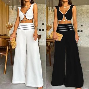 Womens Two Piece Pants Women Wide Leg Set Stylish Crop Top With Low-cut V Neck Sleeveless Design High Waist For Summer