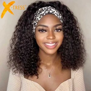 Synthetic Wigs Cosplay Wigs Synthetic Headband Wig For Black Women Kinky Curly Medium Length 18 Ombre Brown Glueless Machine Made Hair Scarf Wig X-TRESS 240328 240327