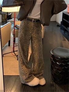 Calças de brim femininas leopardo impressão mulheres cintura alta vintage reta larga perna denim calças streetwear moda retro casual y2k baggy