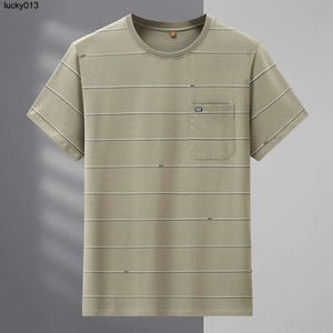 Fett plus size mens randig kortärmad t-shirt trendig lös sommar tunn medelålders casual ren bomullshalva