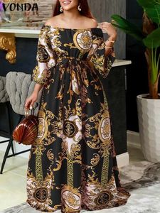 Vonda Bohemian Maxi Robe Women Printed Party Dress Sexy Off Shoulder Long Lantern Sleeve Sundress Belted Vintage Vestidos 240314