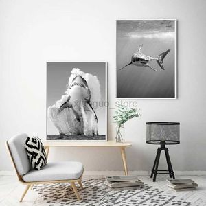 Adesivos de banheiro Tubarão tubarão branco preto branco pôsteres e impressões monocromáticas pintura de parede de natureza em fotos de tela para sala de estar Decoração de casa 240319