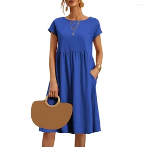 Casual Kleider Frauen Leinen Kleid Oansatz Kurzarm Baumwolle Sommerkleid Sommer Urlaub Mode Weibliche Elegante Solide Robe