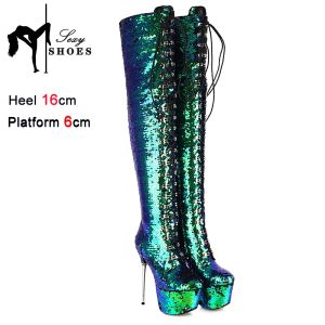 Botas glitter bling bling shiny pólo de dança de dança bota de inverno plataforma sapatos coxa botas altas para mulheres clubes prateados saltos
