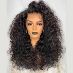 Syntetiska peruker Natural Soft 26 180Density Long Kinky Curly Black 13*4*1 Spets Front Wig For Women With Babyhair Syntetic Heat Resistant Daily 240329