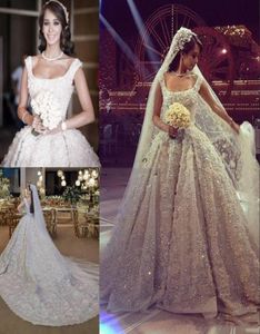 2020 Luxury Elie Saab Beads Ball Gown Wedding Dresses 3D Applices Square Neck Backless Bridal Dress Chapel Plus Size Sequined Wed3862206