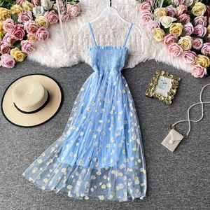 Grundlegende Casual Kleider Sommer Strand Mesh Blumen Kleid Frauen Vintage Sexy Strand Sommerkleid Party Nacht Kawaii Vestidos 240319