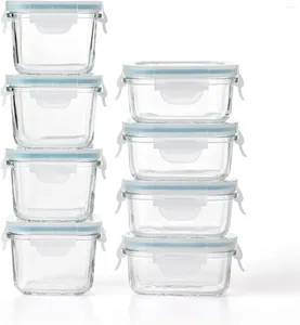 Bottiglie di stoccaggio Mini riutilizzabili 5 once rettangolari 7 quadrati contenitori per alimenti in vetro temperato per frigorifero e congelatore 8 pezzi