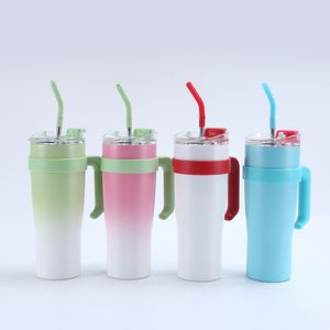 New thermal insulation straw water cup solid color gradient handle thermos 40oz water bottle students office indoor kettle