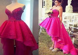 High Low Lace fuchsia Prom Dresses 2020 Gorgeous Sweetheart Pearls Beaded Ruffles Backless Pink Asymmetrical Evening pageant G6434359