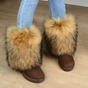 Boots 2023 Designer Luxury Winter Shoes Women Fluffy Fur Boots Comfy Warm Plush Stylish Snow Boots Rubber Flats Faux Suede Botas Mujer