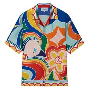 24ss Casablanca Novo designer de seda camisas casuais estilo clássico casal cardigan com gola solta floral arco-íris estampa camisa havaiana praia camisa moderna casablanc tops