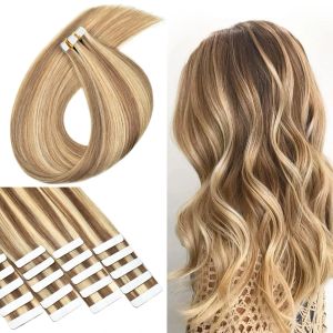 Extensions Tape In Hair 100% Human Hair 1626 Inch Camel Brown Mixed with Bleach Blonde #8/613 Seamless Skin Weft Hair Extensions For Wome