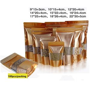Wholesale Gold Stand Up Mylar Zipper lock Bags with Window Aluminum Foil Resealable Food Packing Pouch Seal Foil candy snacks packing bags LT848
