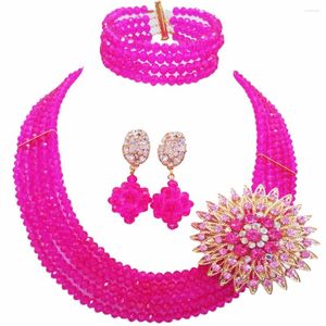 Halsband örhängen set mode fuchsia rosa nigerianska bröllop afrikanska pärlor smycken kristall brudparty för kvinnor flickor 5l-008