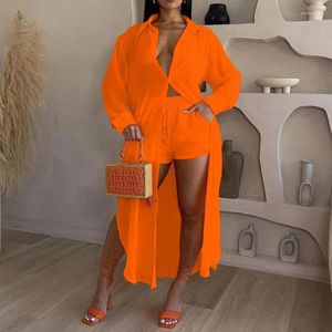 Women's Tracksuits 2024 Summer Sexy Beach Set Solid Holiday Faicycore Young Full Sleeve X-Long Clock Short Pants Slim Women 2 Piece