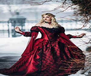 Gothic burgundy and Black Wedding Dress with Long Sleeve Lace Appliques Victorian Sleeping Beauty Princess Medieval Winter Bridal 6918732