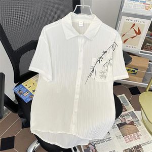 Men's Casual Shirts Summer Thin Ice Silk Breathable Shirt Men Fashion Buttoned Turn-down Collar Tops Mens Vintage Graphic Print Loose