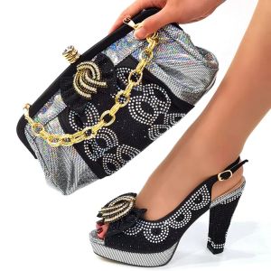 パンプスDoershow African Fashion Italian Shoes and Bag Sets for Evening Party with Stones Black ItalianハンドバッグマッチバッグSGY12