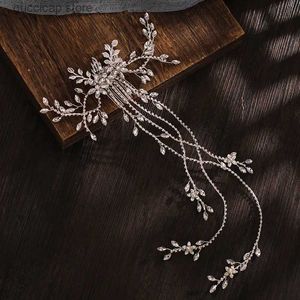 Tiaras Luxury Bridal Hair Comb Long Chain Rhinestone Headress Gold Silver Flower Headband Wedding Jewelry Crystal Headpiece Ornaments Y240319