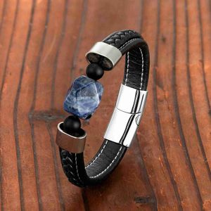 Bangle Fashion diamond natural blue stone half-stone noble mens bracelet 316L stainless steel leather cord jewelry bracelet 240319