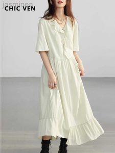 Basic Casual Dresses CHIC VEN Women Dresses Loose Casual V-neck Ruffled Short Sleeved Pullover Long Dress Spring 240319