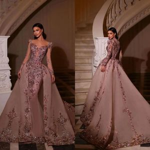 Charming Evening Dresses Crystal Mermaid Prom Gowns with Overskirts Appliques Long Sleeve Custom Made Formal Party Dresses Plus Size