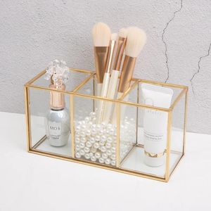 Transparent Glass Makeup Brush Storage Box Gold Cosmetics Container Ring Pencil Lipstick Holder Make Up Brushes Organizer