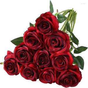 Decorative Flowers 5Pcs Artificial Bouquet Red Silk Fake Rose Flower For Wedding Home Table Decoration Christmas Valentine's Day Gift