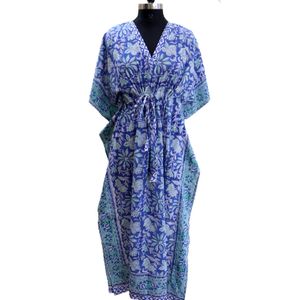 Kadın kaftan mayo plajı örtbas Hint blok baskı tek parça pamuk mavi kaftan elbise (36x 50 inç)