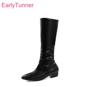 Stiefel Winter Brandneue süße schwarz rosa Frauen Knie High Riding Boots Med Chunky Heels Lady Schuhe ES752 plus große Größe 10 43 45 48