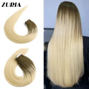 Extensions förlängningar zuria minitejp i mänskliga hårförlängningar Balayage Blond Highlight Bleach Invisible Skin Weft Adhesive Silky Straight w