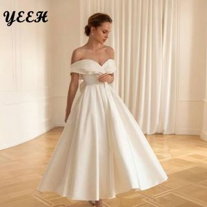 Adorable A-Line Wedding Dress Off The Shoulder Strapless Bow Satin Open Back Ankle Length Draped Simple Vestidos De Novia YD