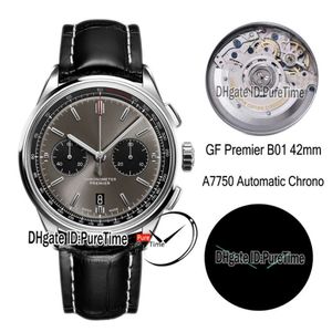 GF Premier B01 ETA A7750 Automatic Chronograph Mens Watch 42mm Steel Gray Black Dial AB0118221B1P1 Black Leather Edition New 237C