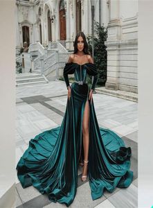 Hunter Green Mermaid aftonklänningar Velvet Off Shoulder Sash paljetter Långärmar Prom Gown Custom Made Formal Party Side Split F5783159