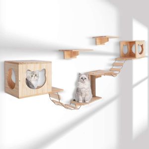 Montiertes Regal, 9-teiliges Hängemöbel-Set für Katzen, Indoor-Spielplatz mit Hausbrücke, Leiter, Kratzbaum