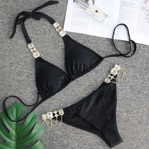 Kadın mayo siyah seksi bikini mayo rhinestone kadın mayo kadın mayo push yukarı bikini plaj mayo yüzme havuzu mayo j240319