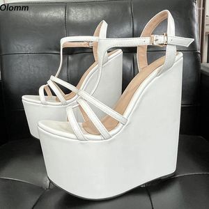 Sandálias Olomm Handmade Mulheres Plataforma T-Strap Ultra High Wedges Salto Aberto Toe Elegante Branco Clube Sapatos Senhoras Tamanho 5-15