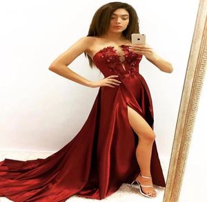 New Burgundy Satin Evening Gown ALine Sexy Split Long Prom Dresses Appliques Flowers Beaded Prom Dress7701573