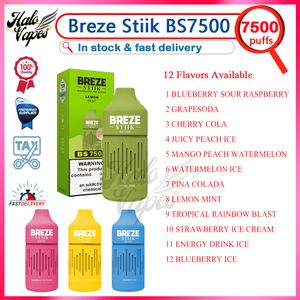 Original Breze Stick BS7500 Puff Disposable E Cigarett Vape Pen with E-Juice laddningsbart 650mAh Batteri 16 ml kapacitet 7500 puffar 12 olika smaker