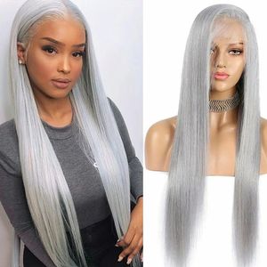 Silver Grey Straight Human Hair Lace Front Wig PrePlucked 36Inch Brazilian Remy Glueless 13x4 HD Transparent Lace Wigs for Women