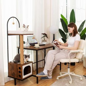 Doicah Tree in Computer Desk, Vintage Simple Home Scratching Post och Cat Condo, Cat House, 51,6 tum kontorsbord, kattbädd för inomhuskatter, speldisk med