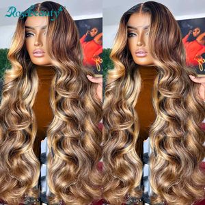 Parrucche sintetiche Rosabeauty 13X6 HD Ombre Evidenzia parrucche dell'onda del corpo 13X4 Parrucca anteriore in pizzo biondo Frontale brasiliano dei capelli umani per le donne Densità 250 240329