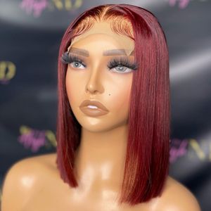 99J Color Malaysian Virgin Hush Hair 4*4 Lace Bob Wig 130 ٪ -180 ٪ cneen silky burgundy 10-18inch